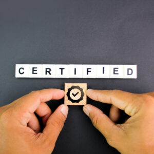 197092932_l letters of the alphabet with the word CERTIFIED and its icon. Standard certification, accurate selection, production standards and good quality.